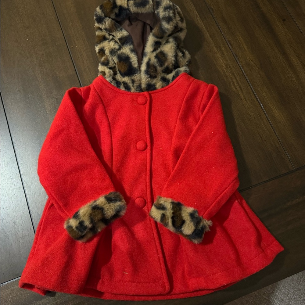 Red Kids Jacket with Leopard Print Trim